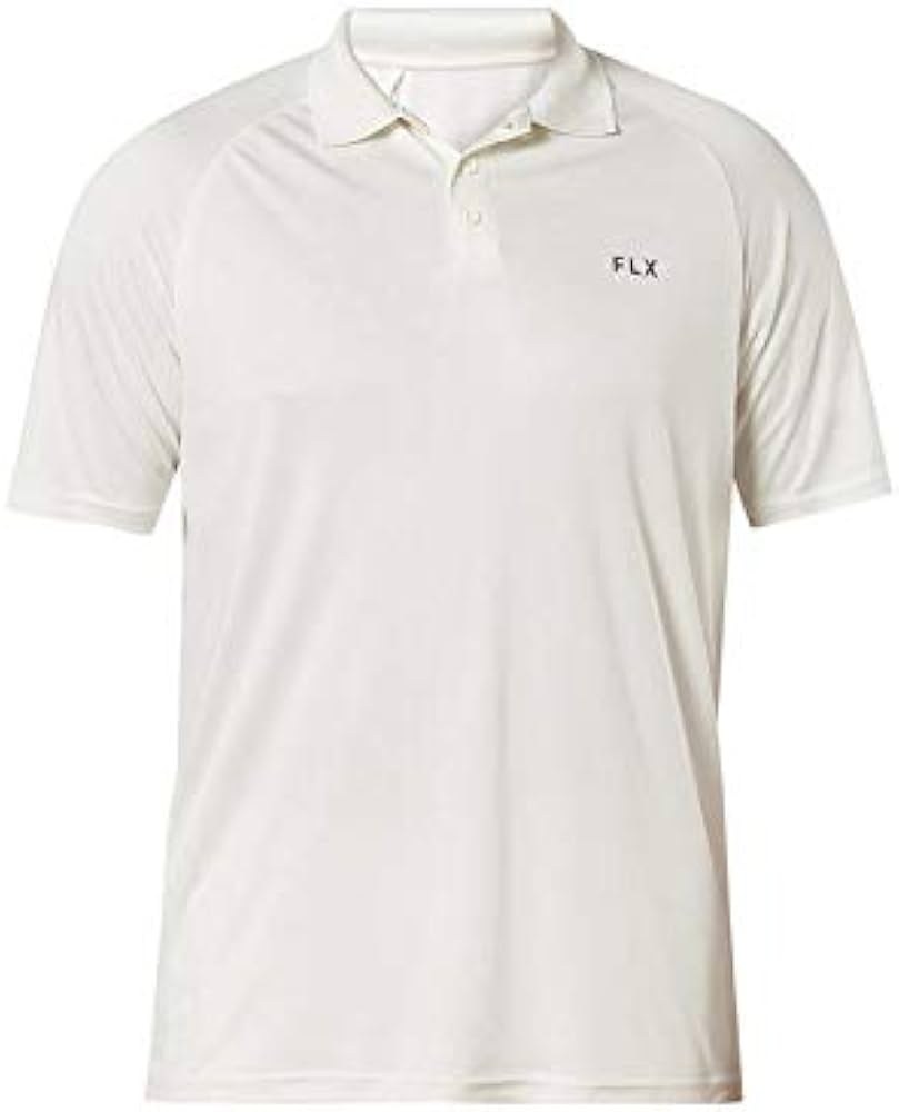 FLX white short-sleeve performance polo shirt with logo on chest, shown flat on white background